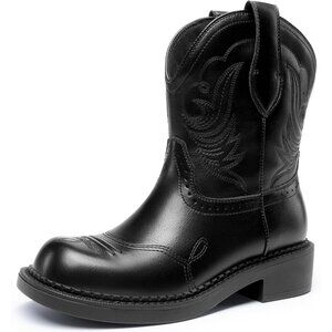 ⚡Women's Black Round Toe Embroidered Mid Calf Western Casual Cowgirl Boots